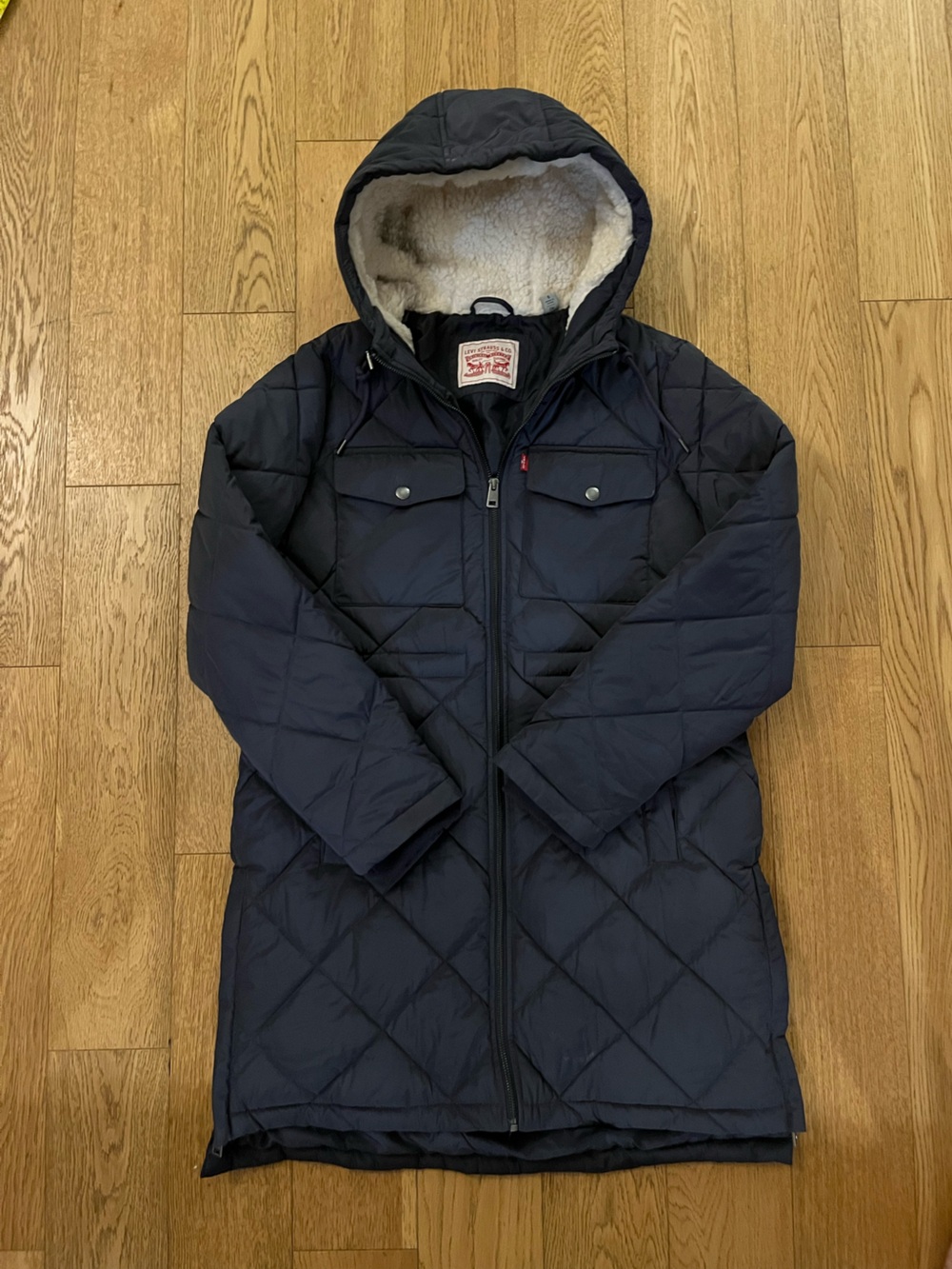 Levis Mens Small Navy Blue Diamond Quilted Parka Jacket Sherpa Hooded Puffer